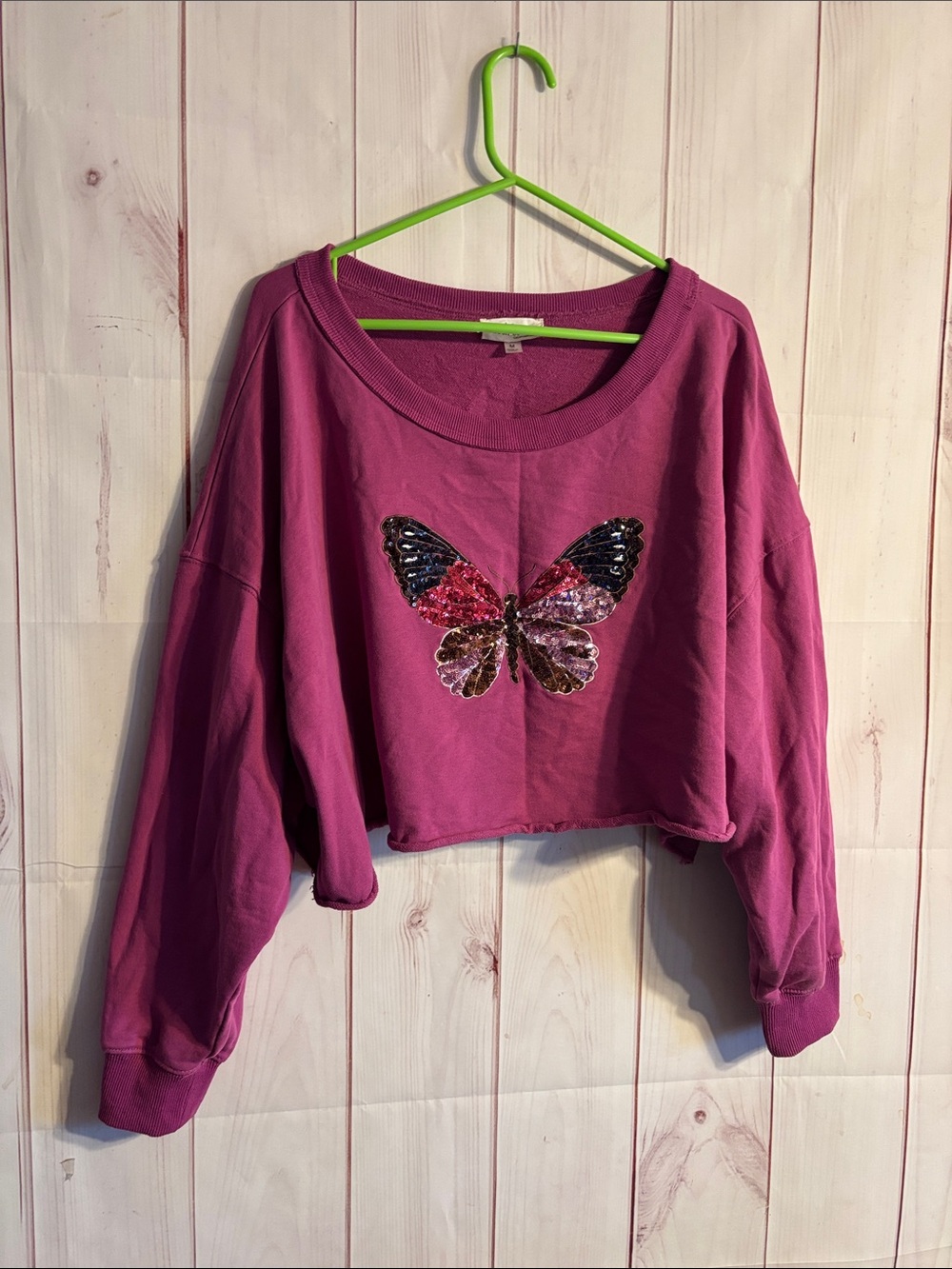 Peach Love Sequin Butterfly California Cropped Sweatshirt | Medium